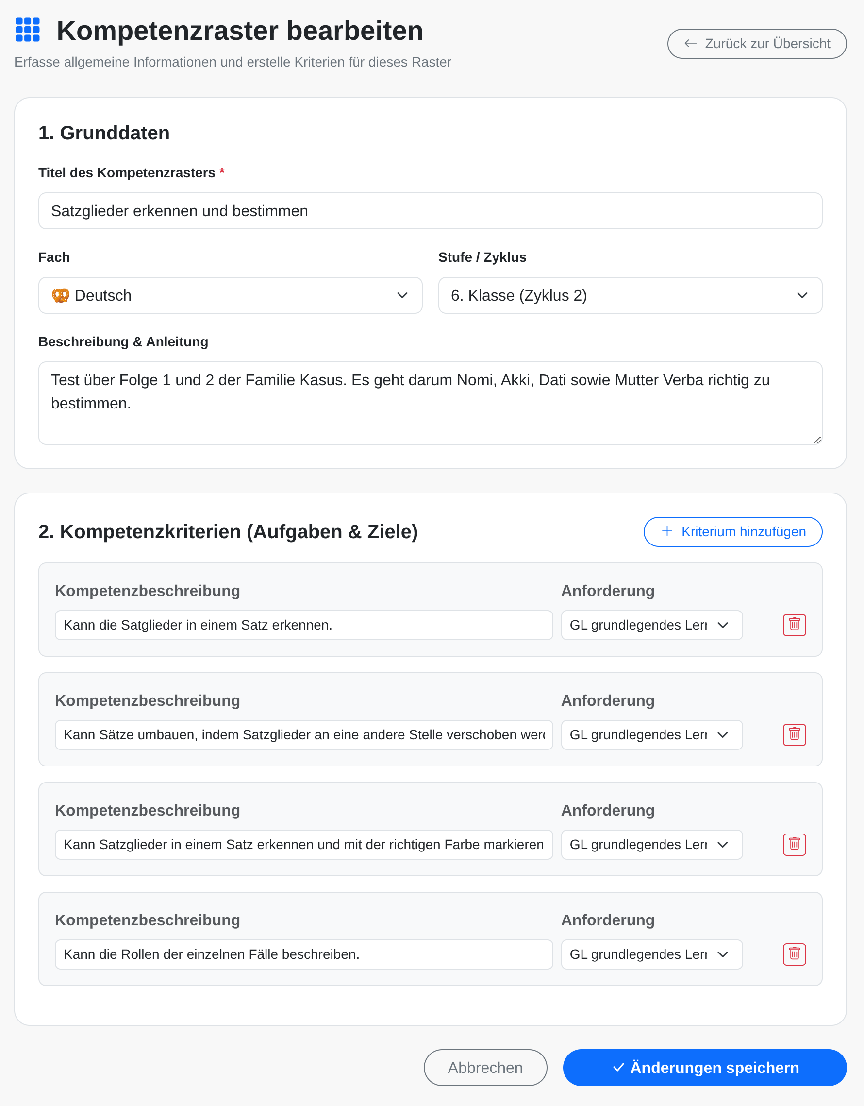 Im Kompetenzraster werden die einzelnen Lernziele bzw. Kompetenzen den Kategorien GL und AL zugeordnet.